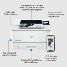 HP LaserJet Pro 4002dw Spausdintuvas lazerinis nespalvotas A4 40ppm USB Wi-Fi Ethernet LAN Bluetooth